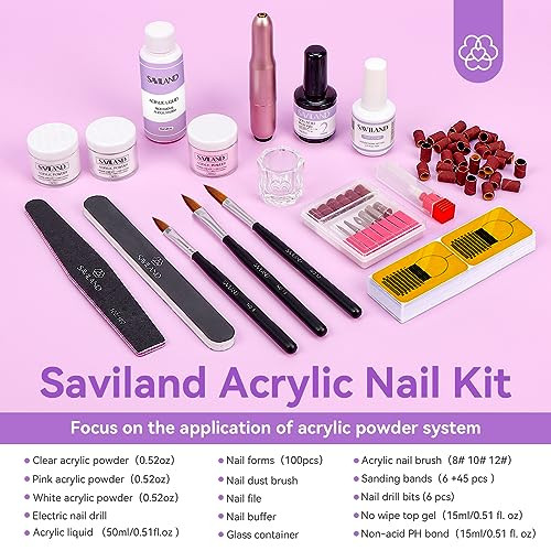 SAVILAND Acrylic Nail Kit with Drill 15g Clear White Pink Acrylic Powder and Liquid Set Beginner Nail Kit with 100 Forms