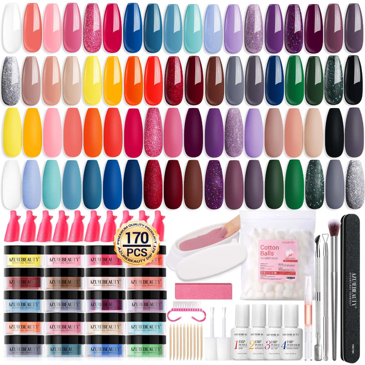 AZUREBEAUTY 170Pcs Dip Powder Nail Kit Starter 36 Colors Pink Red Purple Christmas Dipping Powder with Basetop Coat Acti