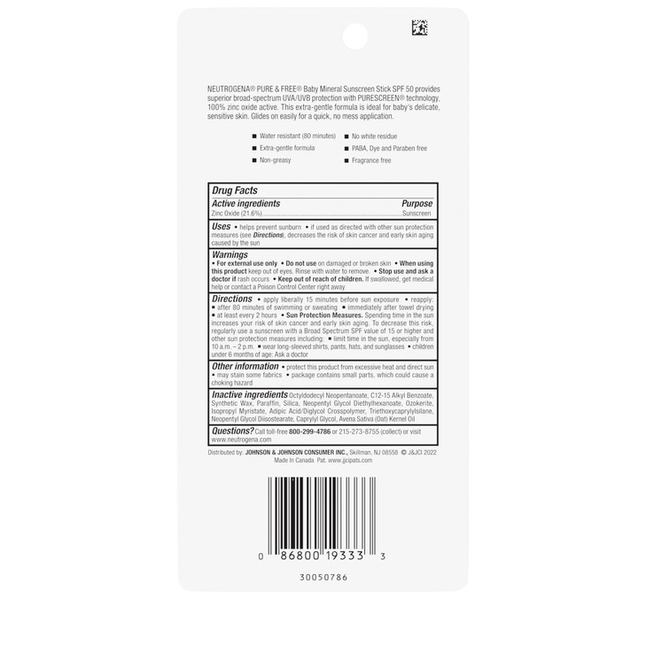 Neutrogena Pure & Free Baby Mineral Sunscreen Stick with Broad Spectrum SPF 50 & Zinc Oxide, Water-Resistant, Hypoallergenic, Paraben-, Dye- & PABA-F online at globaldelivered