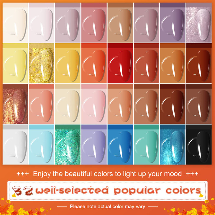 JODSONE 36 Pcs Gel Nail Polish Kit with U V Light of 32 Color Gel Polish Nail Collections Base and Top Glitter Coat Mani