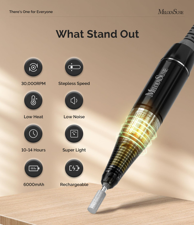 MelodySusie EntryLevel ClipOn Rechargeable Nail Drill SC320H 30000RPM Popular Classic EFile with LCD Display for Manicur