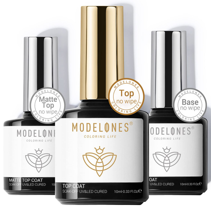 Modelones Matte Gel Top Coat and Base Coat for Gel Nail Polish 3Pcs 10 ml No Wipe Matte Effects Shiny Top Coat Long Last