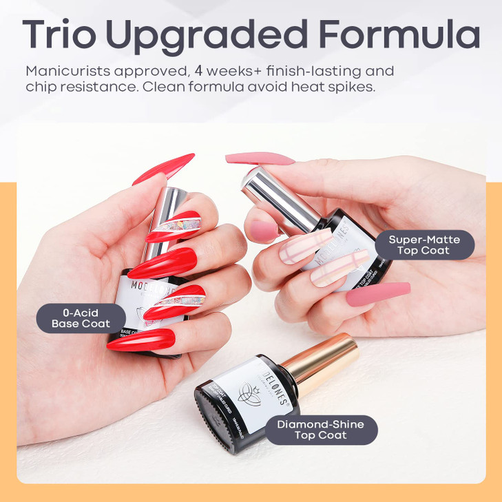 Modelones Matte Gel Top Coat and Base Coat for Gel Nail Polish 3Pcs 10 ml No Wipe Matte Effects Shiny Top Coat Long Last