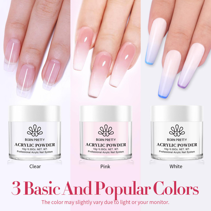 BORN PRETTY Acrylic Nail Kit Acrylic Powder Clear White Pink Liquid Set with Nail Forms Brush Pen File Glass Container B