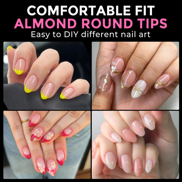 UNA GELLA Short Almond Round Fake Nails 216pcs Almond Press on Nails Preshape Oval Gel Nail Tips for Full Cover Acrylic