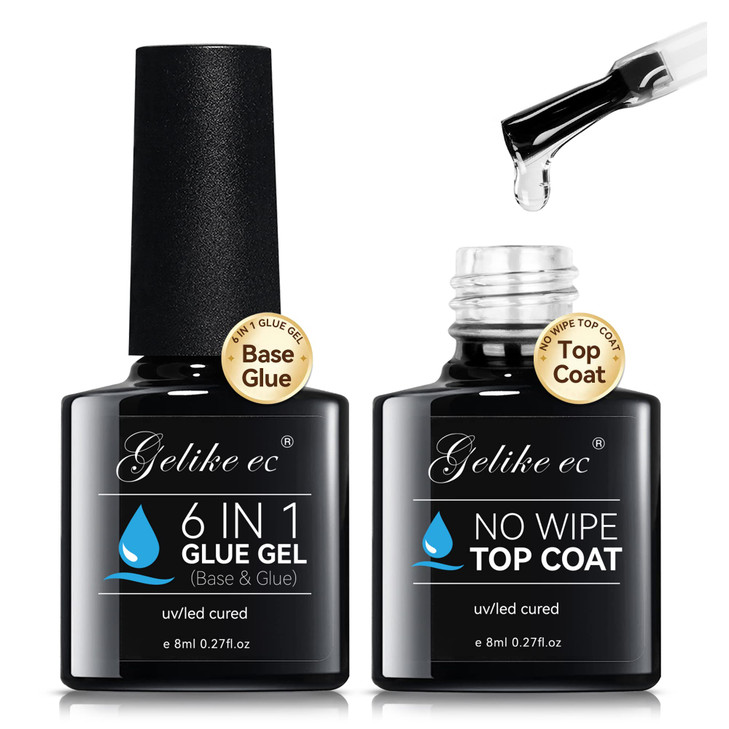 Gelike EC UV 6 in 1 Gel Nail Glue and Top Coat Kit No Wipe for PressOn Nails GelX Extensions Builder Gel Blooming No Pop