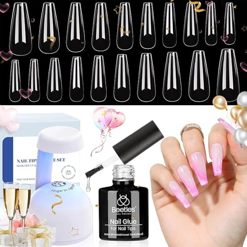 Beetles Gel Nail Kit Easy Nail Extension Set with 500Pcs Nail Tips Coffin Shape 5 In 1 Nail Glue Base Gel and Innovative