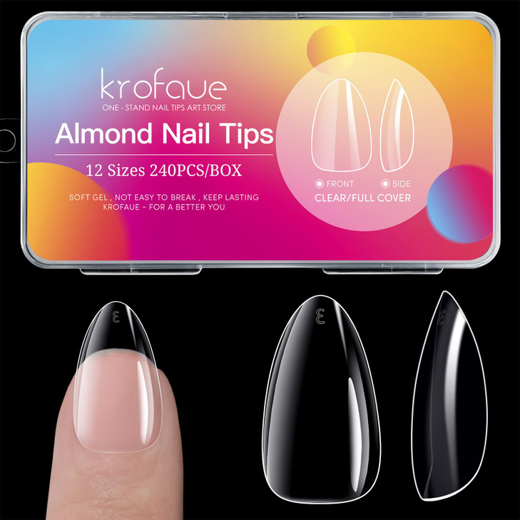 krofaue Almond Nails Tips 240Pcs Clear Fake Tips 12 Sizes Soft Gel False Nails Full Cover Press on Nails Almond for Mani