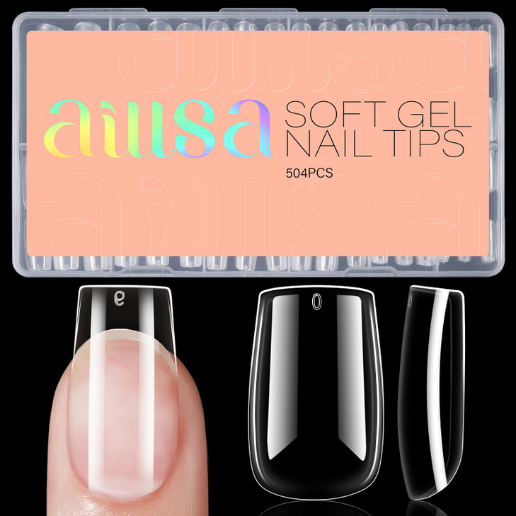 AILLSA Short Square Nail Tips 504pcs Clear Soft Nail Tips Full Cover Gel Nails Tips Preshaped Acrylic for Extensions Eas