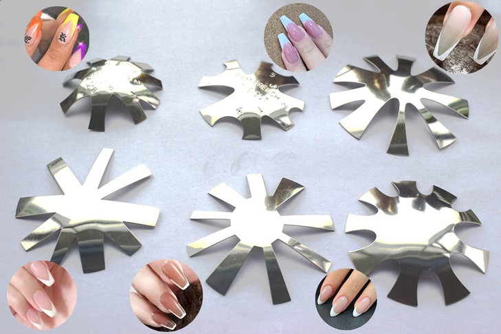 Acrylic Nail French Tip Tool Kit 6pcs Silver French Tip Cutter Edge Trimmer Easy Smile Line Acrylic V Cut Nails Manicure