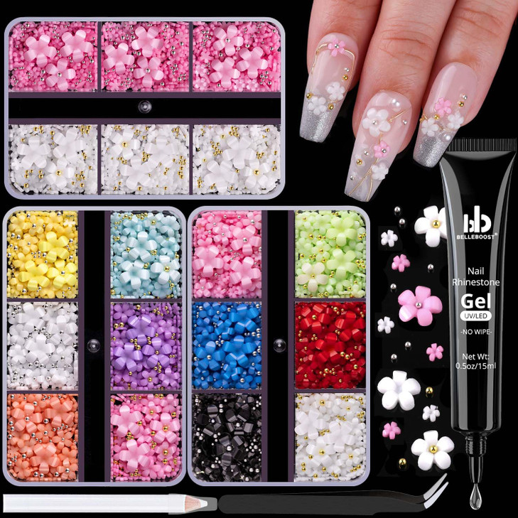 3D Flowers for Nails Cute Flower Nail Charms Manicure Kit with Nail Rhinestone Glue Gel Colorful Acrylic Petal with Cavi
