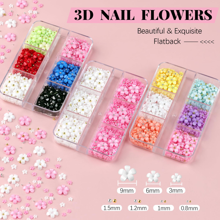 3D Flowers for Nails Cute Flower Nail Charms Manicure Kit with Nail Rhinestone Glue Gel Colorful Acrylic Petal with Cavi