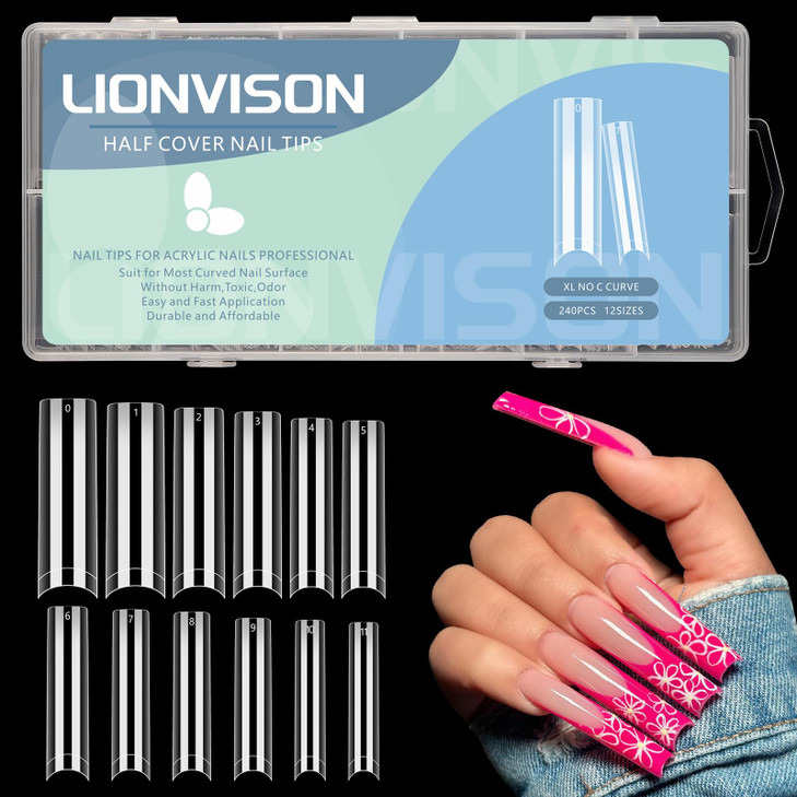 LIONVISON No C Curve Square Nail Tips XXL 12 Sizes Tapered Square Nails Tips Half Cover Extra Long Clear Straight Nail T