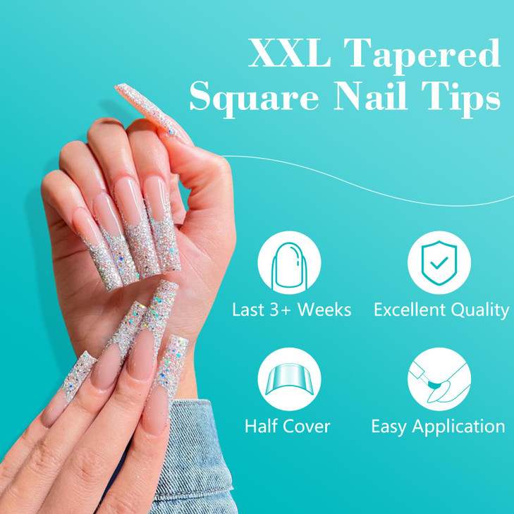 LIONVISON No C Curve Square Nail Tips XXL 12 Sizes Tapered Square Nails Tips Half Cover Extra Long Clear Straight Nail T