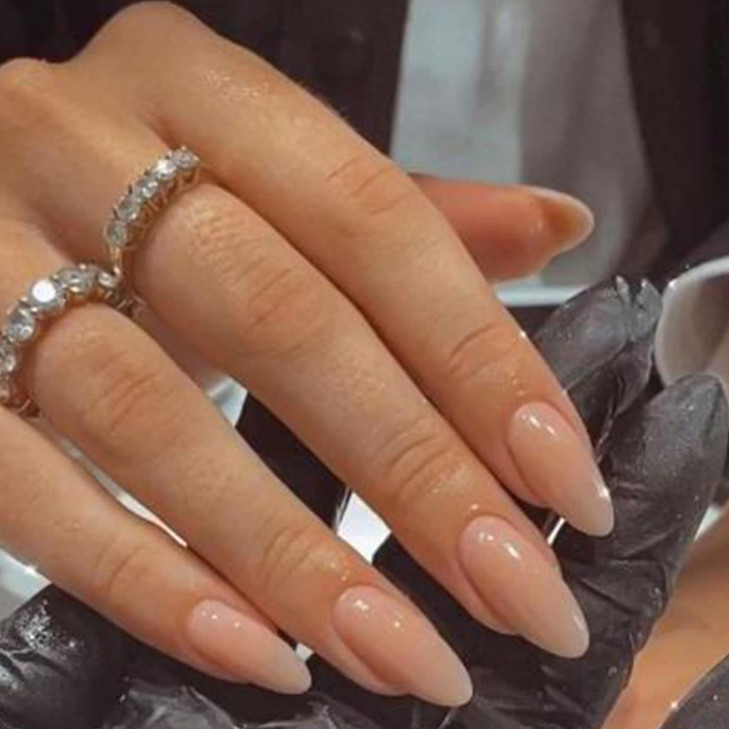 YOSOMK Nude Press on Nails Almond Shaped Fake Nails Medium Glossy Stick on Nail Natural Full Cover False Nail Acrylic Gl
