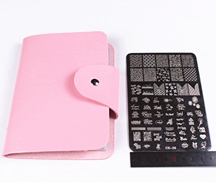 FingerAngel 4PCS XL Stamping Nail Art Plates with 1stamper1scraper and 1 Pcs Pink Stamping Plate Organizer