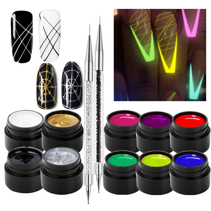 10 Colors Luminous Spider Gel UV Gel Nail Polish with 2 Nail Art Line Pen Tools DIY Glow in The Dark Nail Art Drawing Ge
