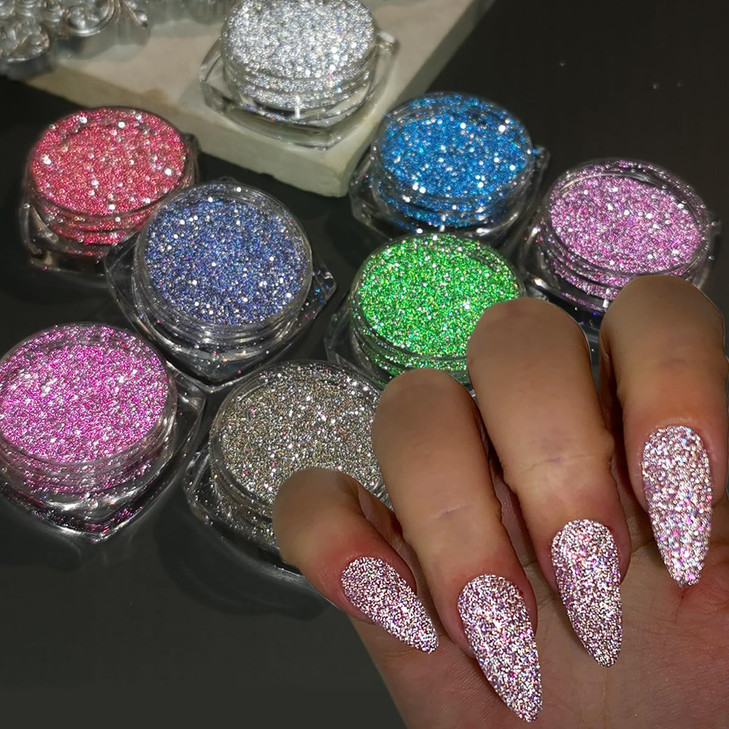Reflective Glitter Powder Set 8 Colors Sparkle Diamond Nail Glitter Dust Silver Pink Purple Green Loose Glitter for Nail