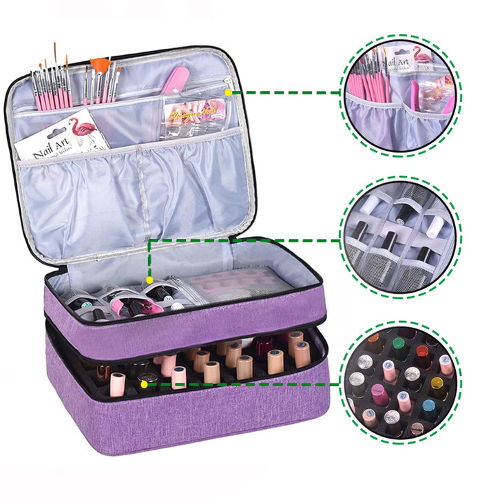 LYFFXYH DoubleLayer Nail Polish OrganizerHolds 42 Bottles Nail Polish Storage with Handle Nail Bag Organizer Case for Pr