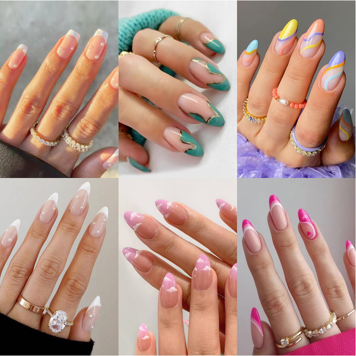 6 Packs 144 Pcs Press on Nails Medium Design Misssix Short Fake Nails Almond French Glue on Nails Set with Adhesive Tabs