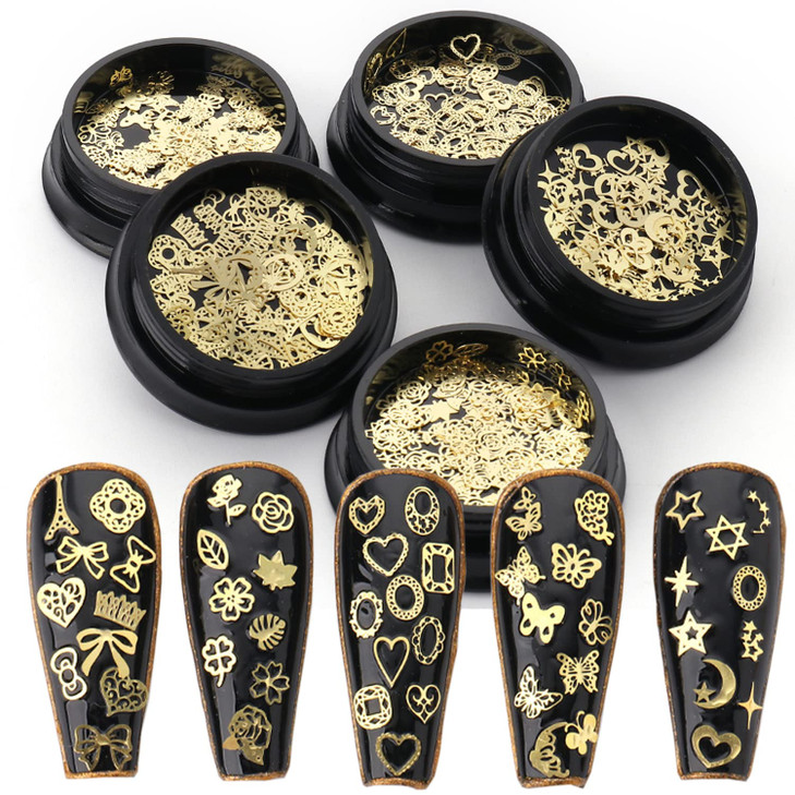 Gold Metal Nail Studs 3D Glitter Flakes Decorations Set Flowers Leaf Butterfly Geometry Design DIY Nail Crafts Supplies