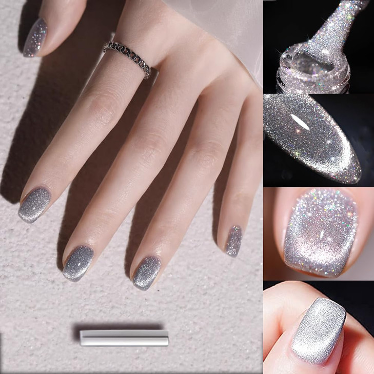 VERONNI Reflective Diamond Cat Eye Gel Nail Polish Sparkle Explosion Silver Glitter Cat Eye UV LED GelE01 with a magnet
