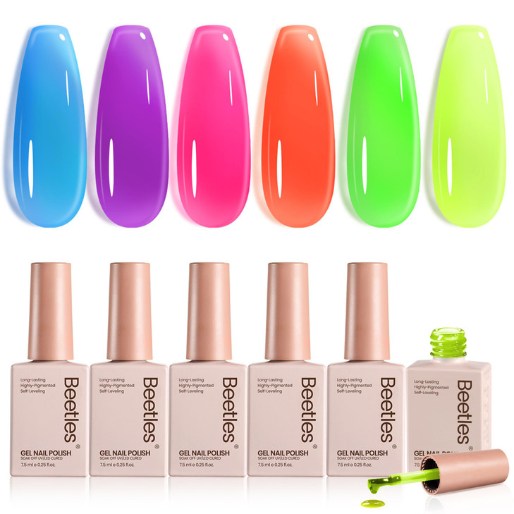 Beetles Neon Gel Nail Polish Set 6 Colors Summer Jelly Gel Polish Kit Sheer Hot Pink Green Orange Purple Blue Yellow Tra
