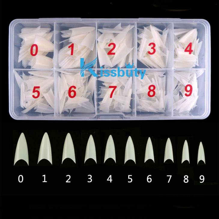 Kissbuty 500 PCS Stiletto Nails Natural Color Sharp Ending False Acrylic Nail Art Tips 10 Sizes With Box Perfect Length