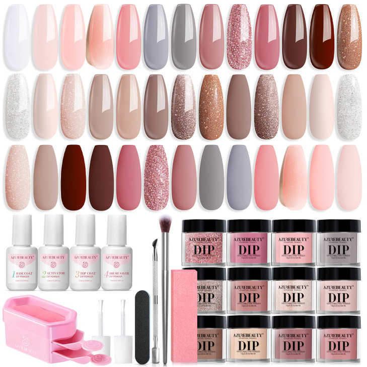 AZUREBEAUTY 31 Pcs Dip Powder Nail Kit 20 Colors Glitter Nude Brown Pink White Gray Dip Powder Liquid Set with TopBase C
