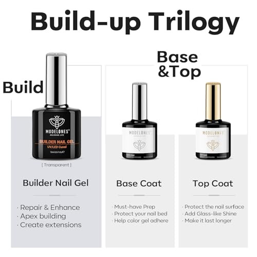 modelones Builder Nail Gel with Gel Top Coat 3Pcs Clear Builder Nail Kit for Thickening Apex Building Extension Rhinesto