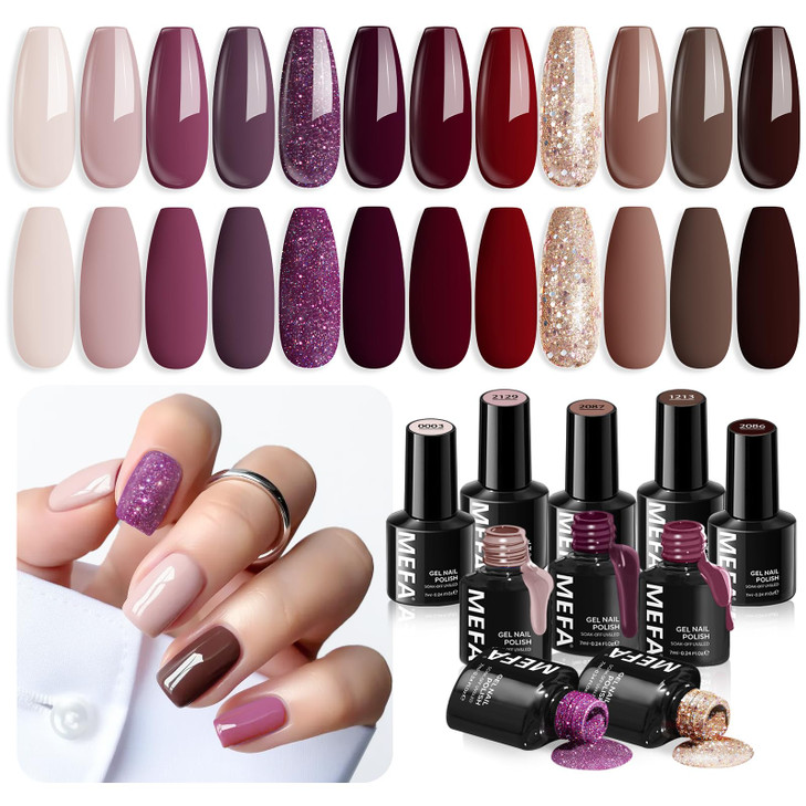 MEFA Fall Gel Nail Polish Set 12 Colors Burgundy Red Nail Polish Set Champagne Gold Glitter Nail Polish Gel Soak Off Dar