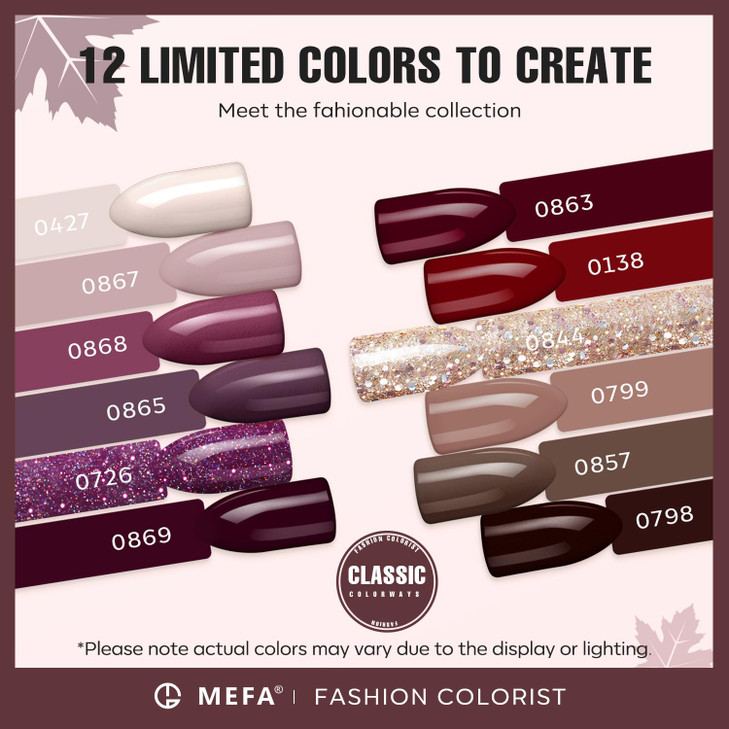 MEFA Fall Gel Nail Polish Set 12 Colors Burgundy Red Nail Polish Set Champagne Gold Glitter Nail Polish Gel Soak Off Dar