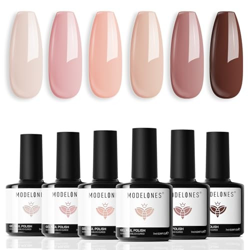 modelones Gel Nail Polish Kit 6 Colors Nude Pink Milky White Spring Gel Polish Set Skin Tones Neutral Brown Soak Off Gel