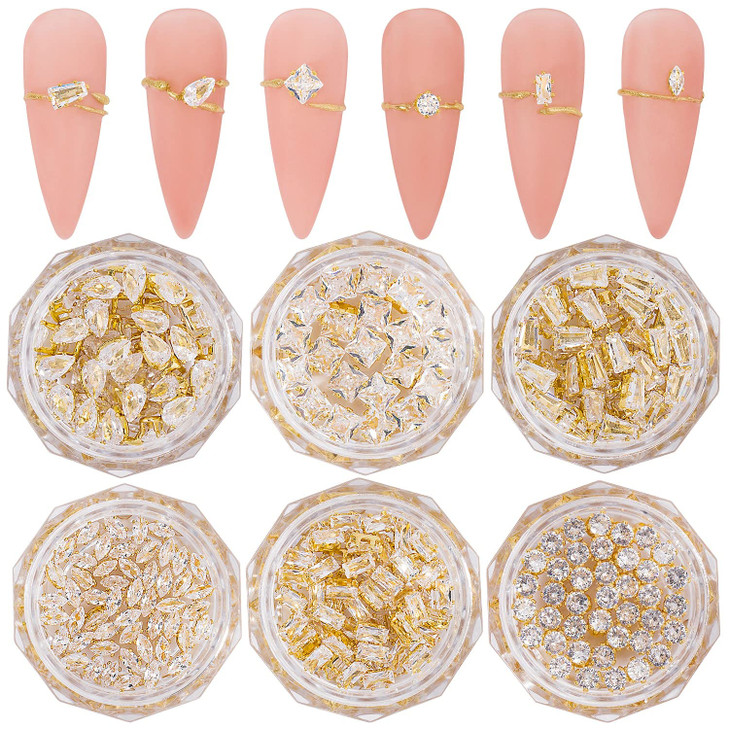 HNUIX 3D Nail Charms and Gems 120Pcs Copper Metal Zircon Gold Multiple Shape Smal Crystals Rhinestones Nail Decorations