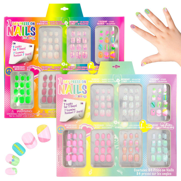 7 Day Manicure Collection 84PC Press On Nail Set DayofTheWeek Adhesive False Nails for Girls Set of Brights or Pastels C