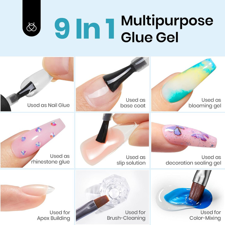 Beetles Gel Nail Glue and No Wipe Top Coat Kit 2Pcs 15ml 9 In 1 UV Nail Glue for Acrylic Nail Tips Clear Press On Nails