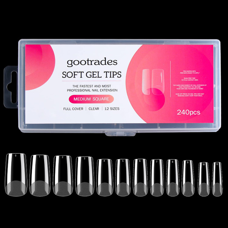 INENK Medium Square Gel Nail Tips Extension 240PCS Clear Soft Gel Full Cover Nail Tips M Square Press On False Nail Tips