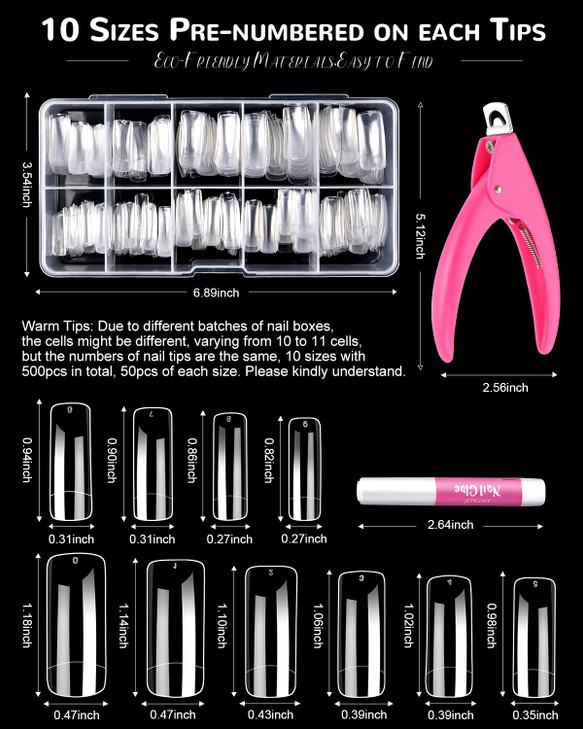 MORGLES 500 Pcs Clear Acrylic Nail Tips Square Full Cover with Nail Clipper Files and Glues Cuticle Fork for Home DIY wi