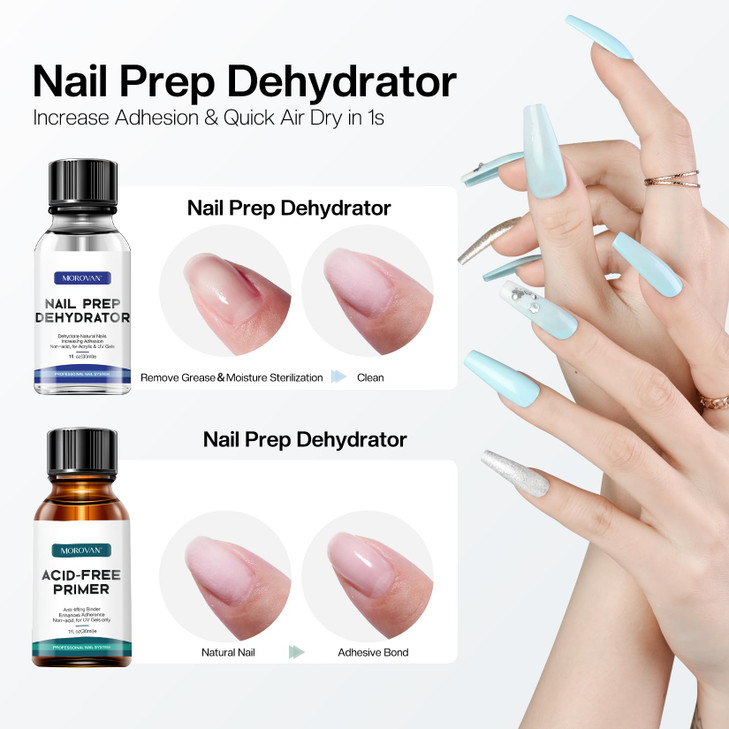 Morovan Nail Primer And Natural Nail Prep Dehydrate Set Fast Air Dry For Gel Polish Acrylic Powder Gel Primer and Dehydr