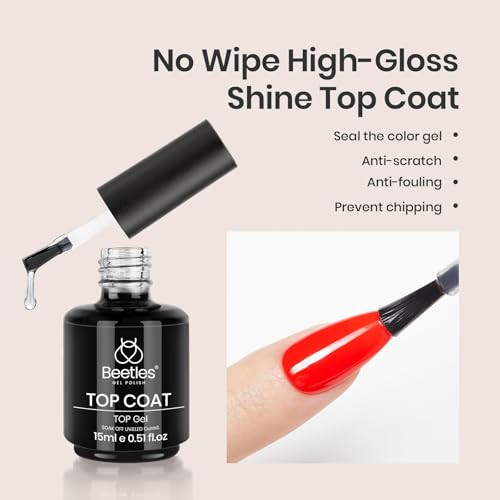 Beetles 2 Pcs 15ml No Wipe Gel Top Coat and Base Coat Set Shine Finish and Long Lasting Soak Off LED Nail Lamp Gel Base