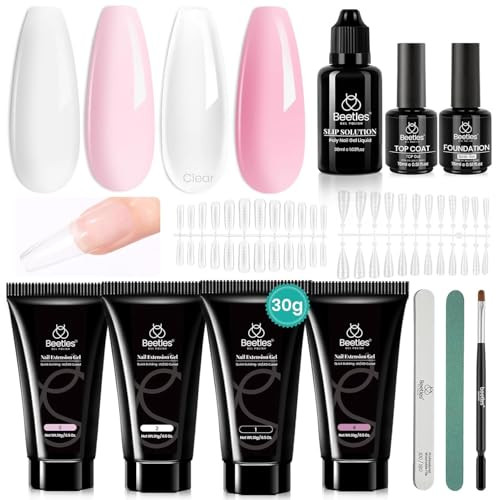 Beetles Poly Nail Extension Gel Kit 4 Colors Pink White Poly Nail Gel Builder Nail Gel with Poly Brush Slip Solution Nai