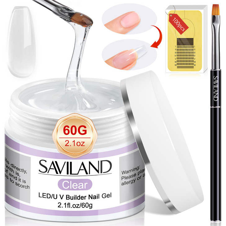 SAVILAND Builder Nail Gel Kit 60g Clear Nail Extension Gel Set Nail Strengthen Nail Art Manicure Set with 100PCS Nail Fo