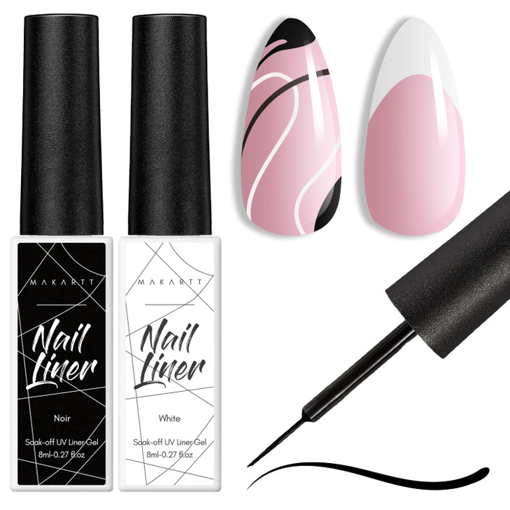 Makartt Gel Nail Polish Liner Set 8ML 2 Colors White and Black for French Nail Art French Tips Swirls DIY Manicure Soak