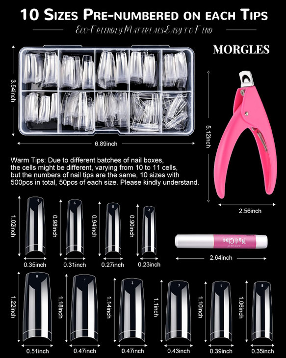 MORGLES Clear Acrylic Nail Tips 500 Pcs French Nail Tips Square Half Cover with Glue Clipper Files and Cuticle Fork for