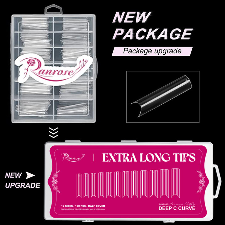 Ranrose 120PCS Extra Long Nail TipsXXL Super Long Half Cover Deep C Curve False Nails 12 Sizes Tapered Square Press on N