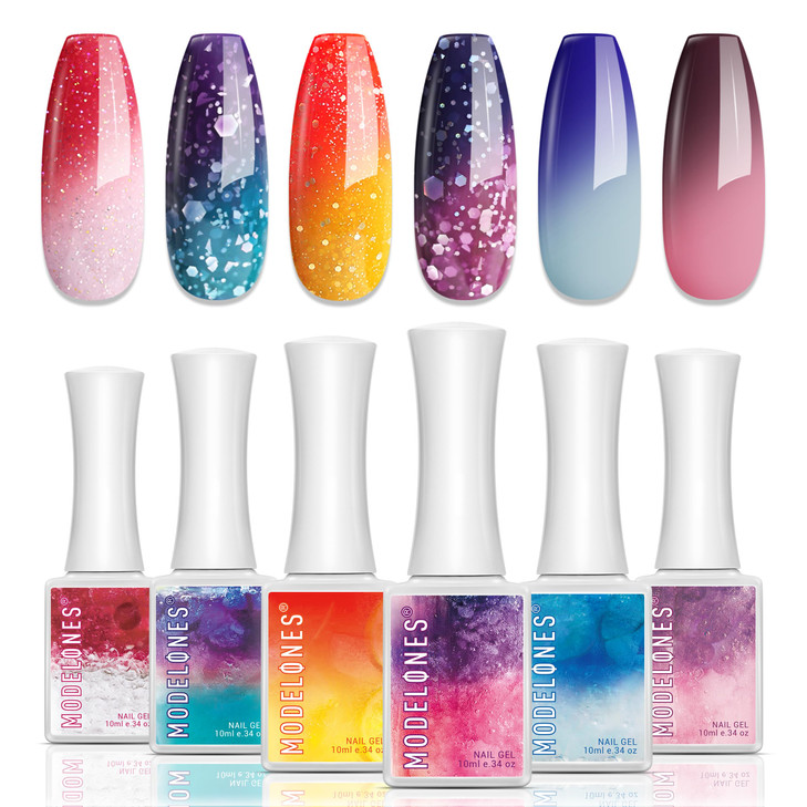 modelones Gel Nail Polish Set 6 Colors Color Changing Valentines Day Red Blue Purple Pink Neon Mood Temperature Change G