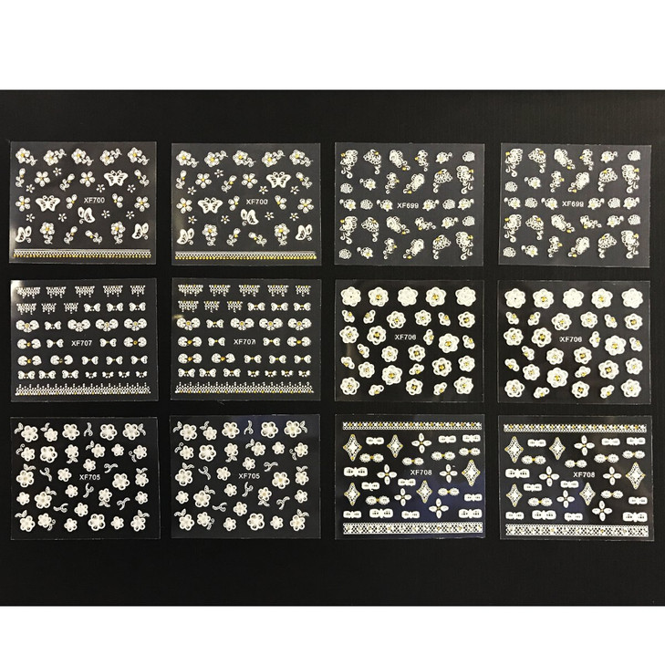 Wrapables A70194a White with Gold Rhinestones Nail Art Stickers 3D Nail Decals 50 Sheets Flowers Bows Butterflies Nail A