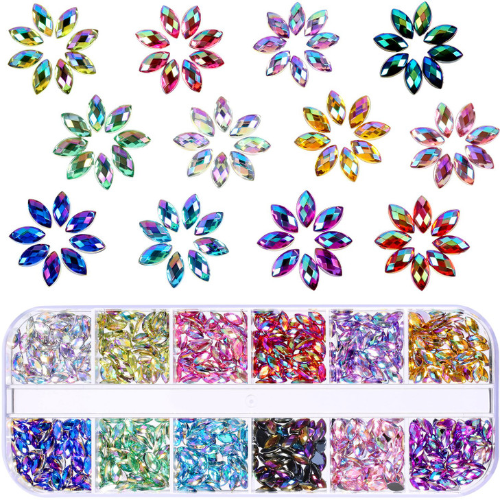 TecUnite 1200 Pieces 12 Colors Shiny Nail Rhinestones Horse Eye Nail Rhinestones Flat Back Gems Decorations Supplies wit