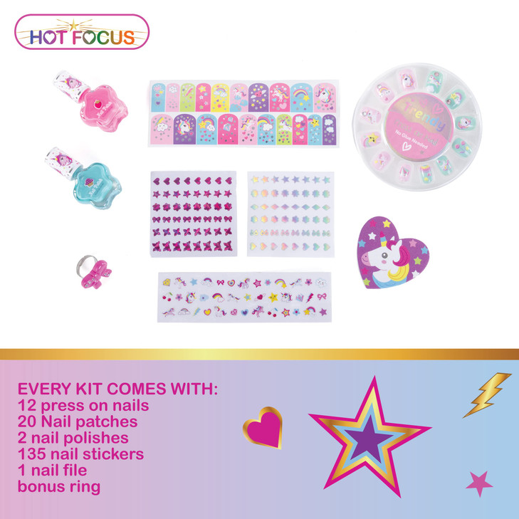 Hot Focus Scented Nail Boutique 168 Piece Unicorn Nail Art Kit Includes Press on Nails Nail Patches Nail Stickers Nail P