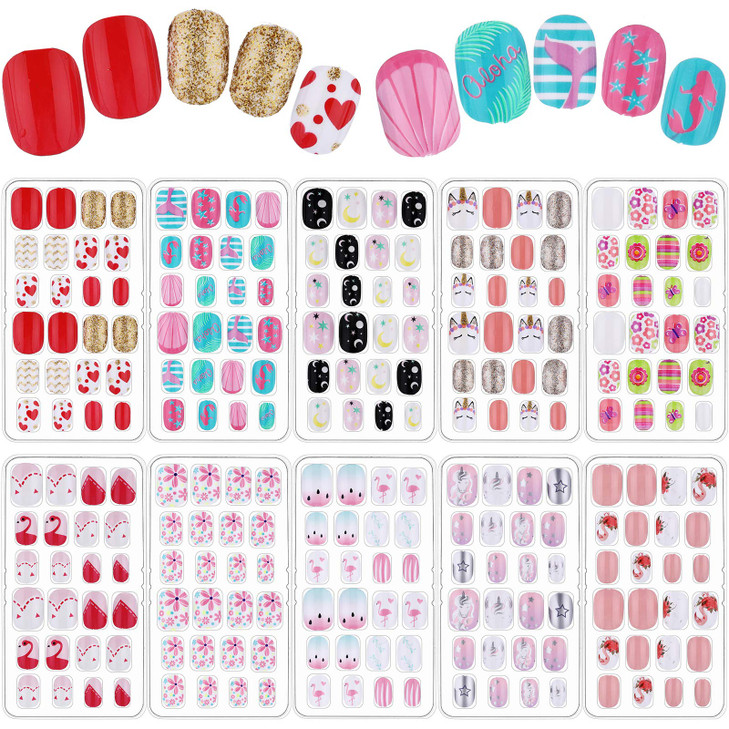 Maitys 240 Pcs Children False Nails 10 Packs Kids Girls Press on Short Artificial Fake Nails Gradient Color Rainbow Pre